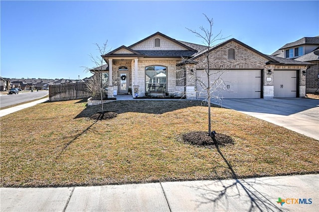 view of front facade featuring fence, an attached garage, concrete driveway, a front lawn, and stone siding