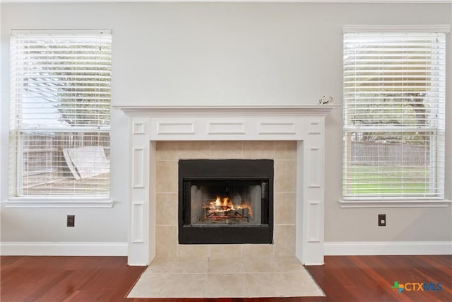 room details with a tile fireplace and wood-type flooring