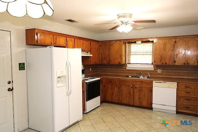 1306 Dryden Ave, Copperas Cove, TX 76522 - kitchen with white appliances, under cabinet range hood, brown cabinets, ceiling fan, and decorative backsplash