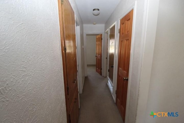 hall featuring carpet floors and a textured wall