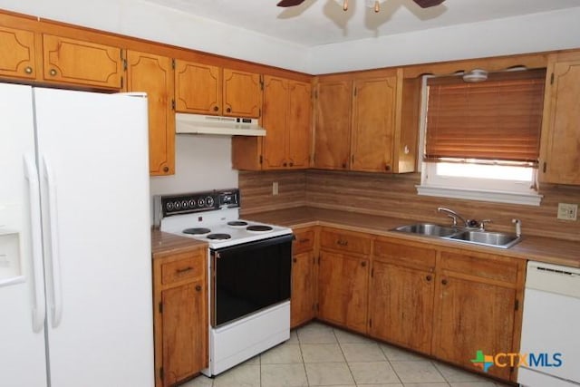 kitchen featuring under cabinet range hood, a sink, white appliances, brown cabinetry, and ceiling fan