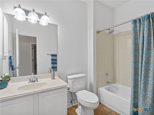 full bathroom featuring tile patterned flooring, shower / bath combo, vanity, and toilet