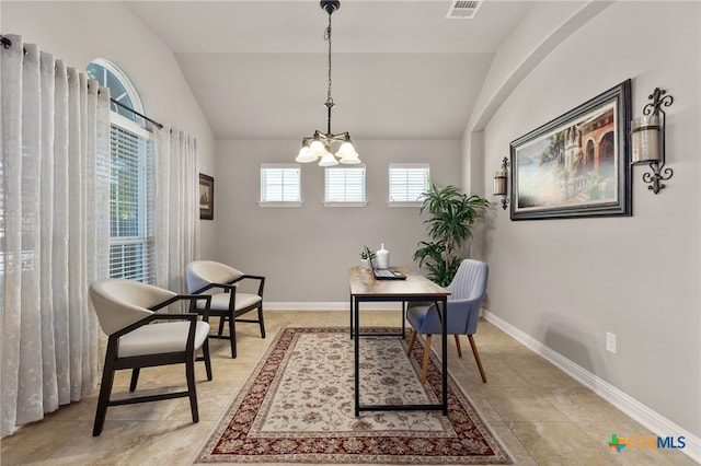 2935 Angelina Dr, Round Rock, TX 78665 - office featuring a chandelier, lofted ceiling, and baseboards
