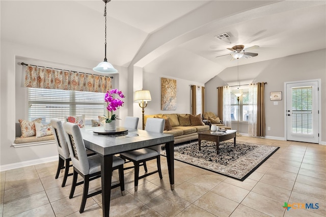 2935 Angelina Dr, Round Rock, TX 78665 - dining area featuring lofted ceiling, ceiling fan, light tile patterned flooring, and baseboards