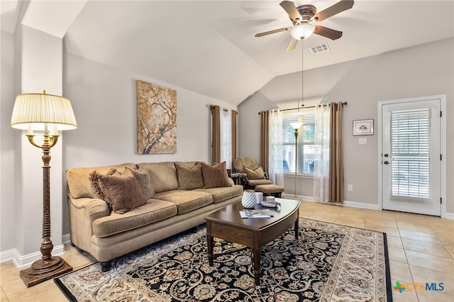 2935 Angelina Dr, Round Rock, TX 78665 - living area featuring light tile patterned flooring, ceiling fan, lofted ceiling, and baseboards