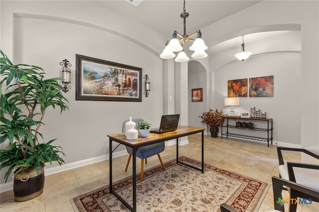 2935 Angelina Dr, Round Rock, TX 78665 - office area featuring arched walkways, lofted ceiling, baseboards, a chandelier, and light tile patterned floors
