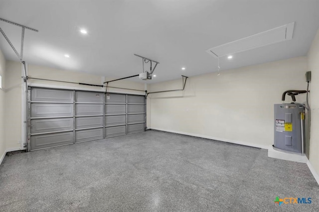 garage with water heater and a garage door opener