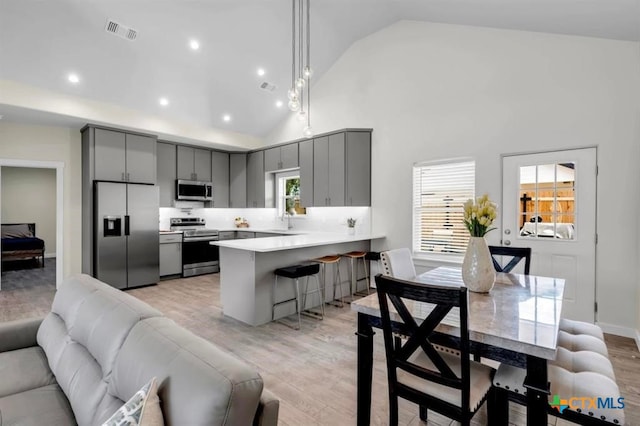 kitchen with kitchen peninsula, light hardwood / wood-style floors, appliances with stainless steel finishes, and gray cabinets