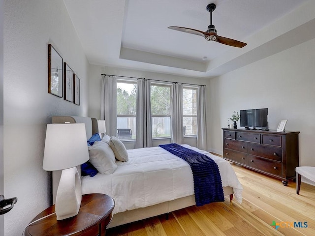 599 Mission Hill Run, New Braunfels, TX 78132 - bedroom with wood finished floors, a raised ceiling, and a ceiling fan