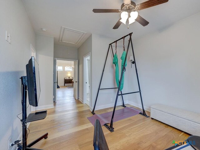 599 Mission Hill Run, New Braunfels, TX 78132 - exercise area featuring attic access, light wood finished floors, baseboards, and a ceiling fan