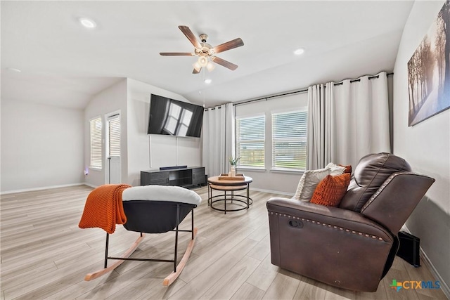 8903 Cantera Ridge Rd, Temple, TX 76502 - living room with lofted ceiling, ceiling fan, wood finished floors, and recessed lighting
