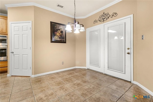 unfurnished dining area with a chandelier, light tile patterned floors, and ornamental molding