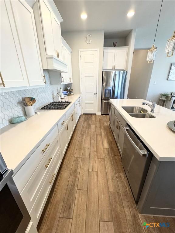 kitchen with decorative backsplash, dark wood finished floors, appliances with stainless steel finishes, premium range hood, and a sink