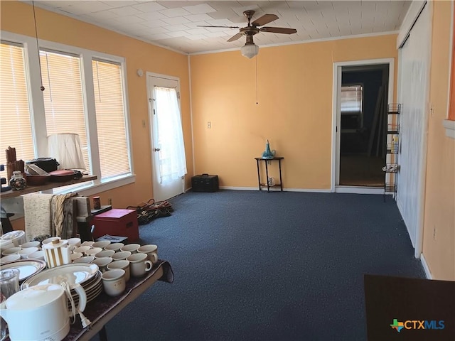 misc room with carpet, ceiling fan, and crown molding