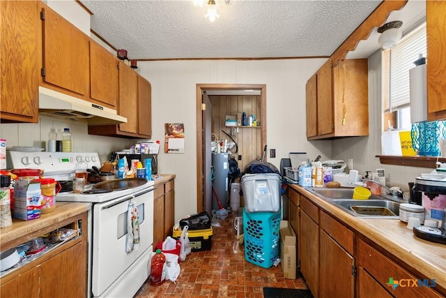 kitchen with sink, white electric range oven, a textured ceiling, and ornamental molding