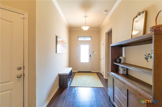 doorway featuring crown molding and dark wood-type flooring