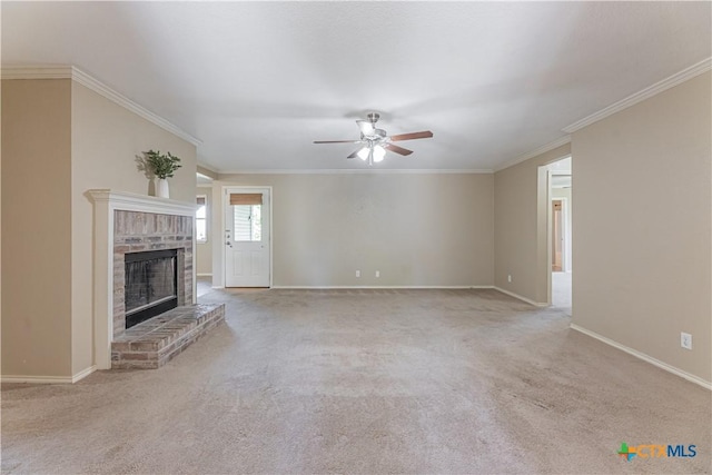 unfurnished living room featuring ceiling fan, baseboards, carpet, and a fireplace