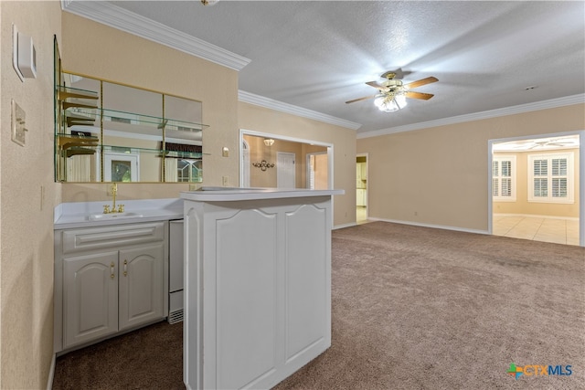 kitchen featuring white cabinets, light carpet, ceiling fan, and ornamental molding