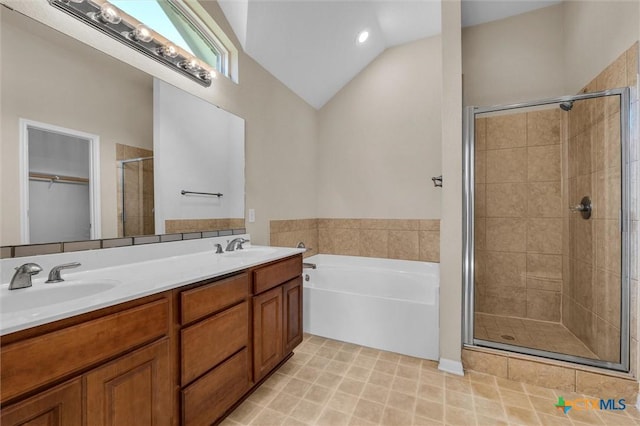 5708 High Meadow Dr, Temple, TX 76502 - bathroom with a stall shower, a garden tub, double vanity, vaulted ceiling, and a walk in closet