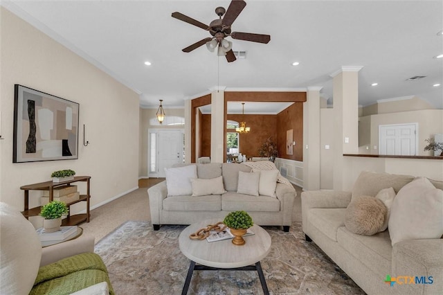 5708 High Meadow Dr, Temple, TX 76502 - living area featuring crown molding, ceiling fan, recessed lighting, a chandelier, and carpet floors