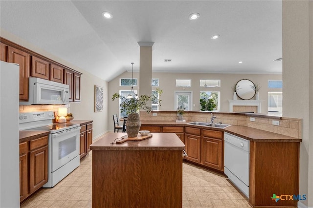 5708 High Meadow Dr, Temple, TX 76502 - kitchen with white appliances, dark countertops, decorative backsplash, plenty of natural light, and recessed lighting