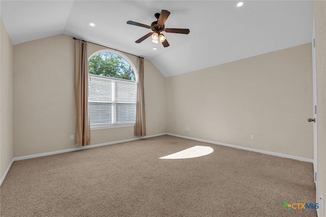 5708 High Meadow Dr, Temple, TX 76502 - carpeted empty room with vaulted ceiling, a ceiling fan, and recessed lighting