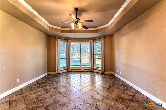 243 Arendes Dr, New Braunfels, TX 78132 - empty room featuring a tray ceiling, ceiling fan, ornamental molding, baseboards, and a textured wall