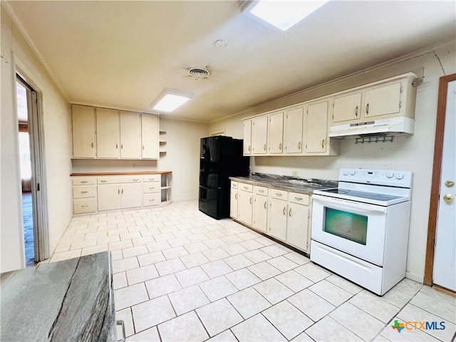 kitchen with ornamental molding, cream cabinets, white electric stove, and black refrigerator