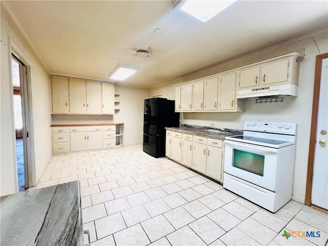kitchen with white electric stove, black refrigerator with ice dispenser, open shelves, under cabinet range hood, and light tile patterned floors