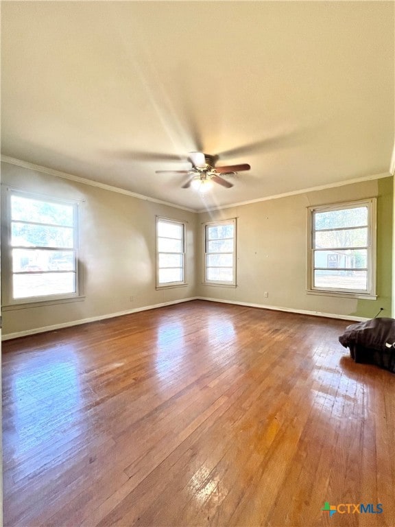 unfurnished room featuring a wealth of natural light, wood-type flooring, and ceiling fan