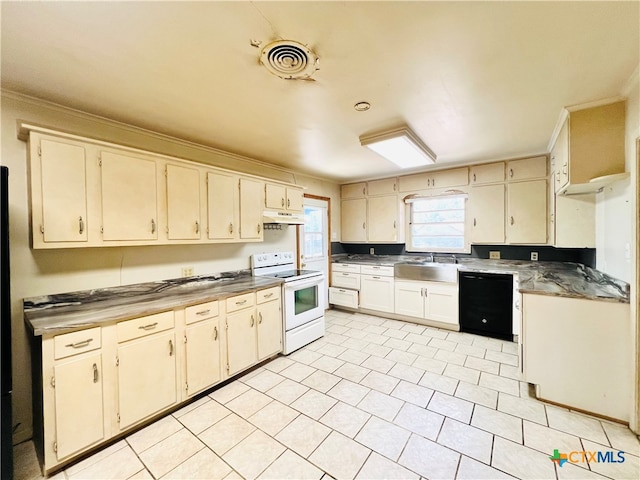 kitchen featuring ornamental molding, sink, electric range, dishwasher, and cream cabinetry