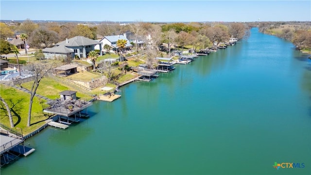 drone / aerial view featuring a water view