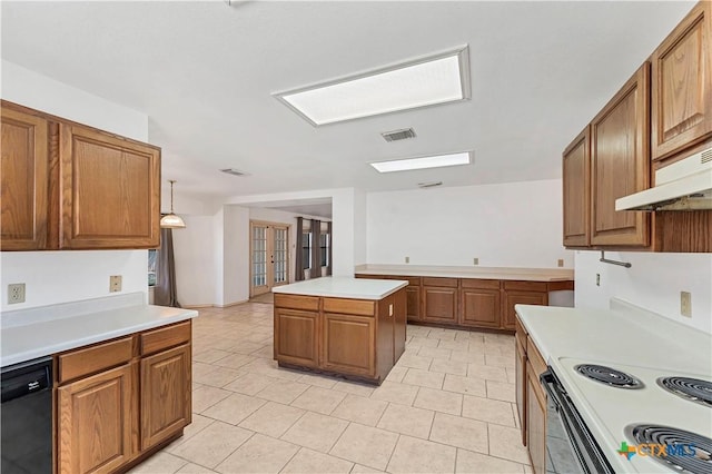 kitchen with dishwasher, light countertops, visible vents, and brown cabinets