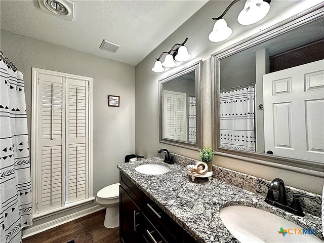 bathroom featuring toilet, vanity, a textured ceiling, and hardwood / wood-style flooring