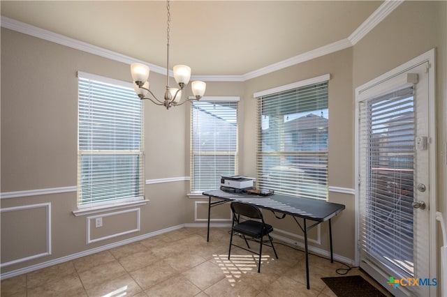 tiled home office featuring crown molding and an inviting chandelier