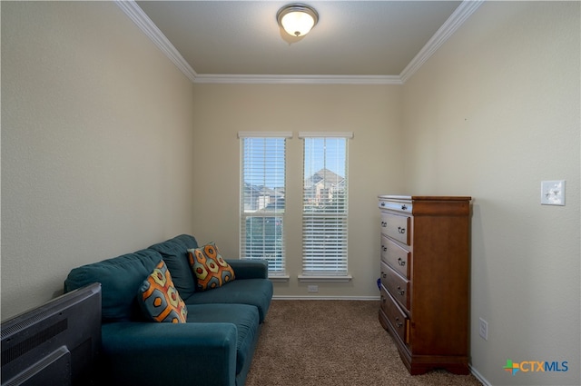 living area featuring crown molding and carpet