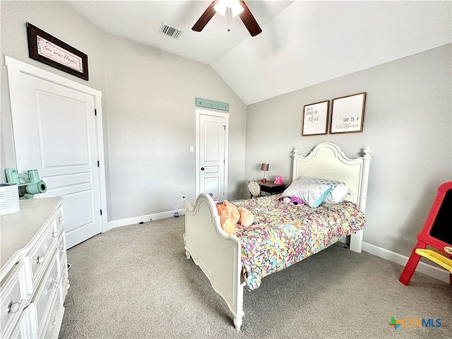 carpeted bedroom with lofted ceiling and ceiling fan