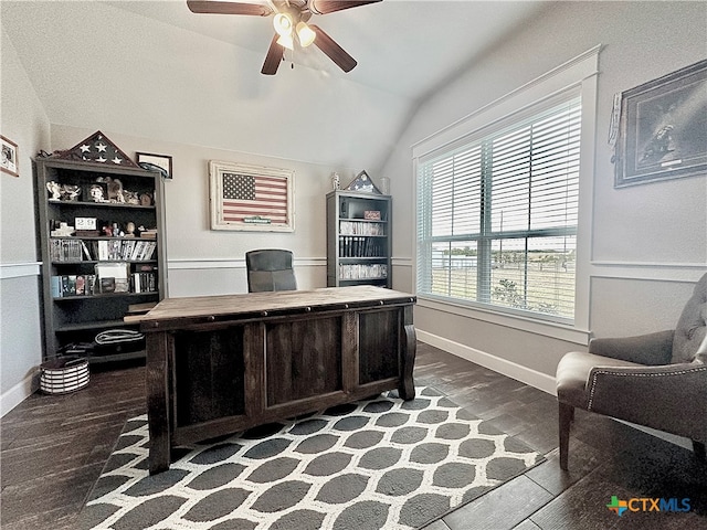 home office with lofted ceiling, hardwood / wood-style floors, and ceiling fan