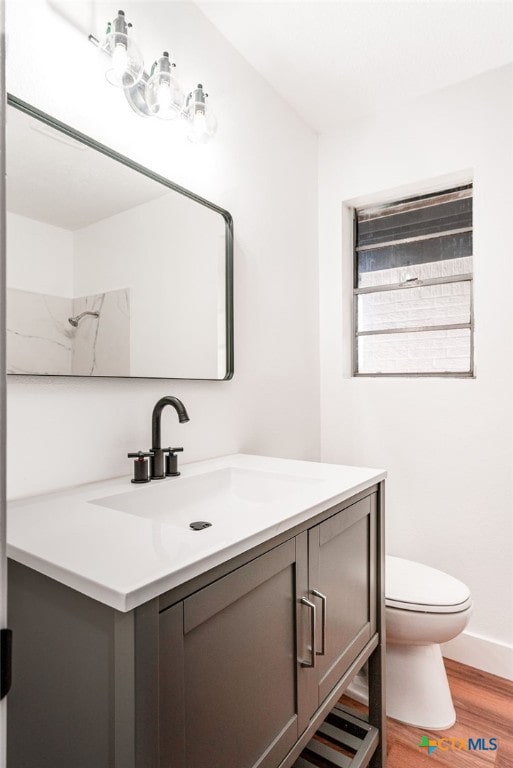 bathroom featuring toilet, vanity, and hardwood / wood-style flooring