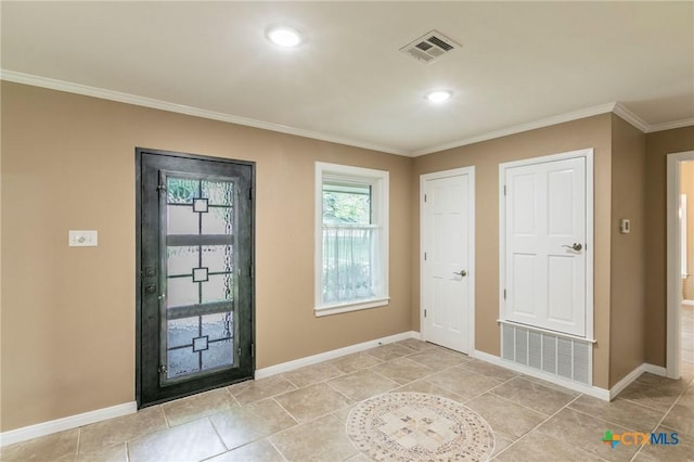 doorway with light tile patterned flooring, baseboards, ornamental molding, visible vents, and recessed lighting