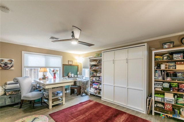 office featuring wood-type flooring and ceiling fan