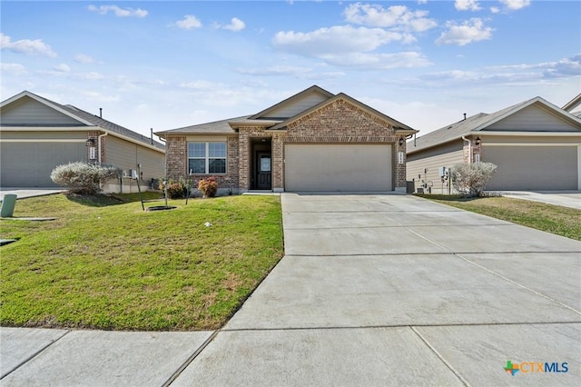 view of front facade with a garage, a front lawn, concrete driveway, and brick siding