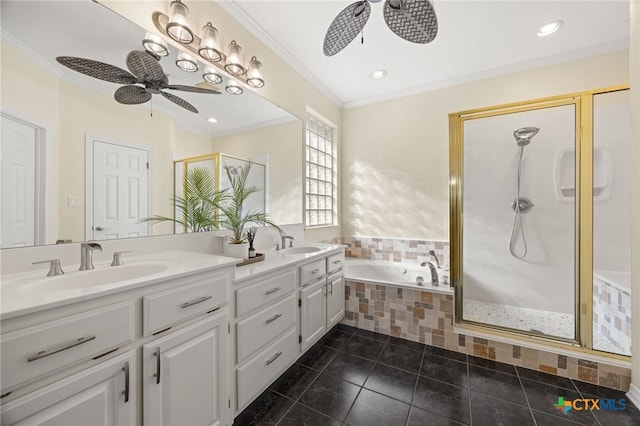 bathroom featuring tile patterned flooring, ornamental molding, plus walk in shower, and ceiling fan