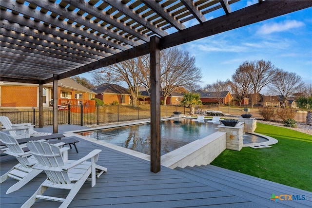 view of pool featuring a wooden deck, a pergola, and a yard