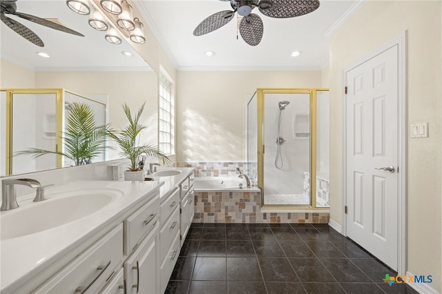 bathroom with independent shower and bath, ornamental molding, and tile patterned floors