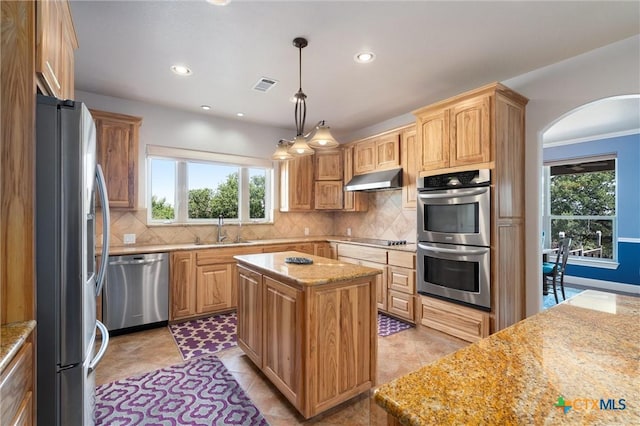 kitchen with appliances with stainless steel finishes, a sink, backsplash, under cabinet range hood, and recessed lighting