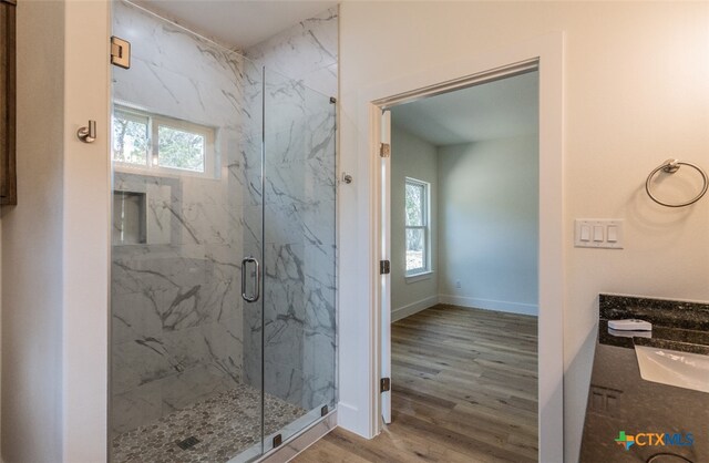 bathroom featuring hardwood / wood-style floors, a shower with door, a healthy amount of sunlight, and vanity