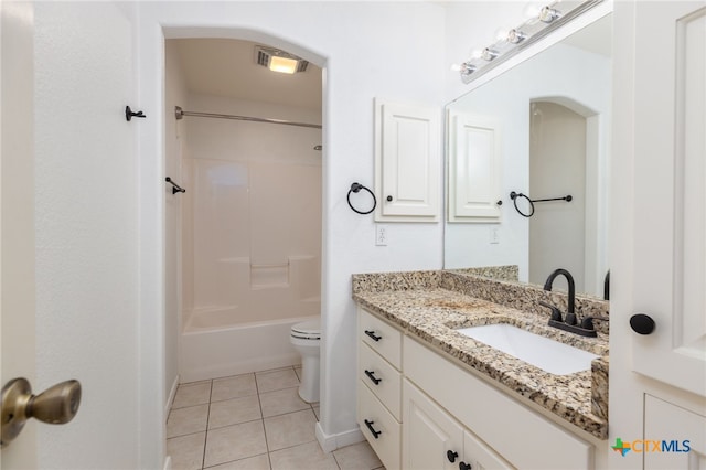 full bathroom featuring shower / washtub combination, tile patterned flooring, vanity, and toilet