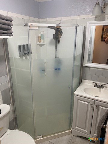 bathroom featuring a shower with door, vanity, and toilet