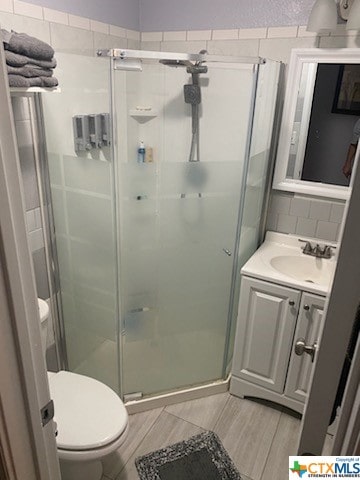 bathroom featuring an enclosed shower, vanity, and toilet